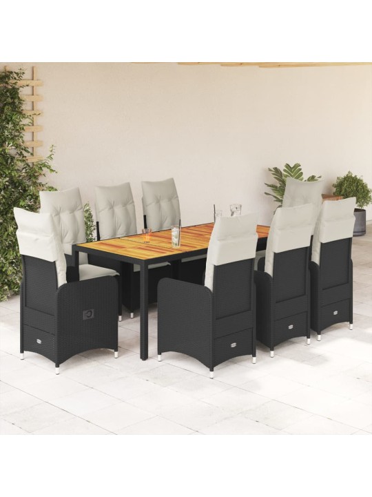 9dílný zahradní bistro set s poduškami černý polyratan