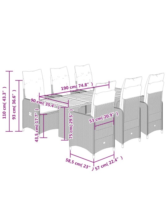 7dílný zahradní bistro set s poduškami černý polyratan