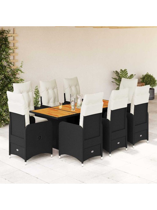 9dílný zahradní bistro set s poduškami černý polyratan