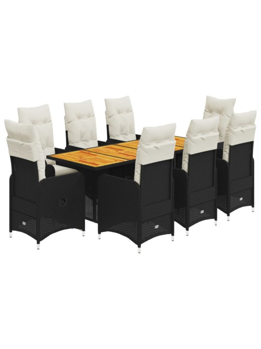 9dílný zahradní bistro set s poduškami černý polyratan