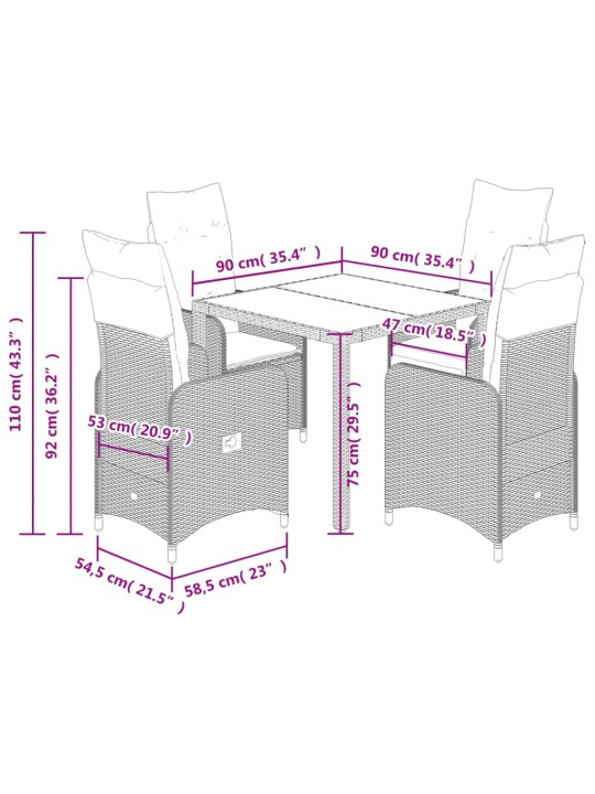 5dílný zahradní bistro set s poduškami černý polyratan