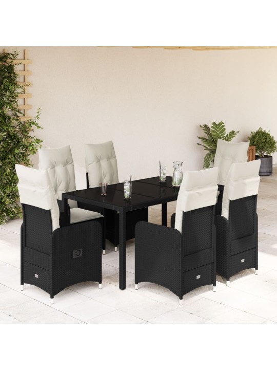 7dílný zahradní bistro set s poduškami černý polyratan