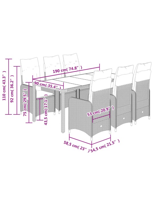 7dílný zahradní bistro set s poduškami černý polyratan