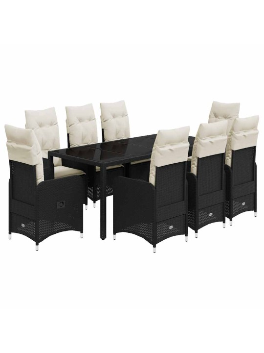 9dílný zahradní bistro set s poduškami černý polyratan