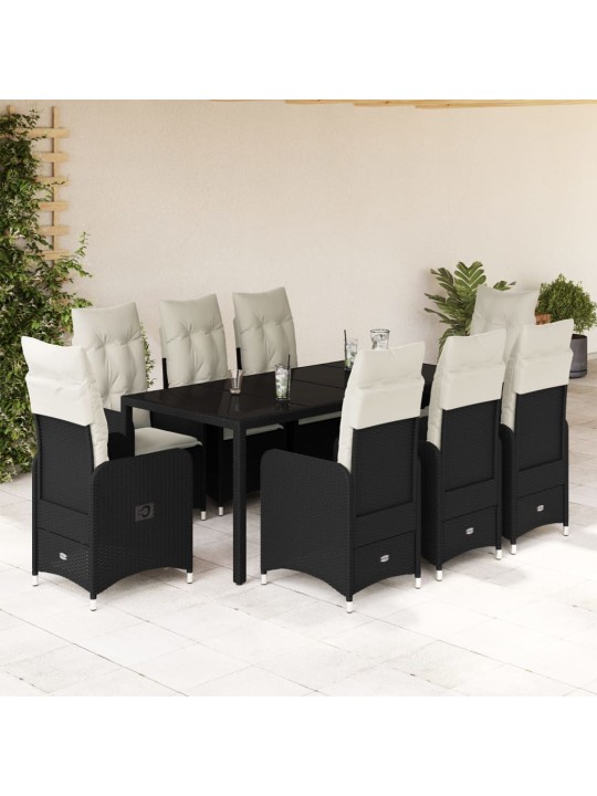 9dílný zahradní bistro set s poduškami černý polyratan