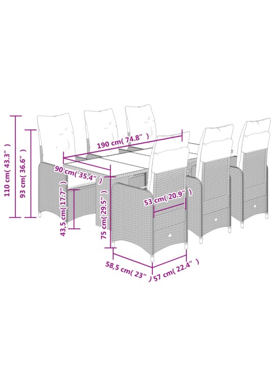 7dílný zahradní bistro set s poduškami černý polyratan
