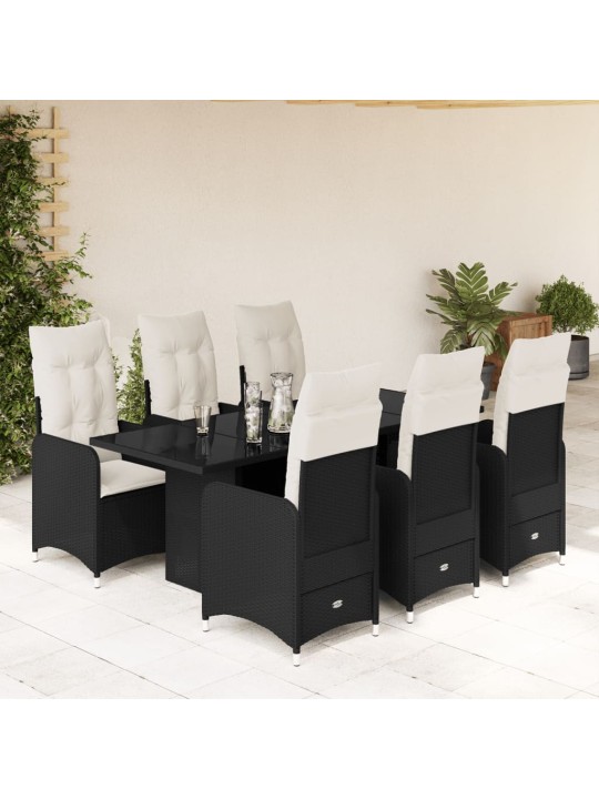 7dílný zahradní bistro set s poduškami černý polyratan