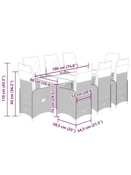 9dílný zahradní bistro set s poduškami černý polyratan