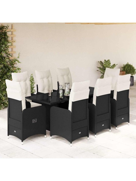 9dílný zahradní bistro set s poduškami černý polyratan