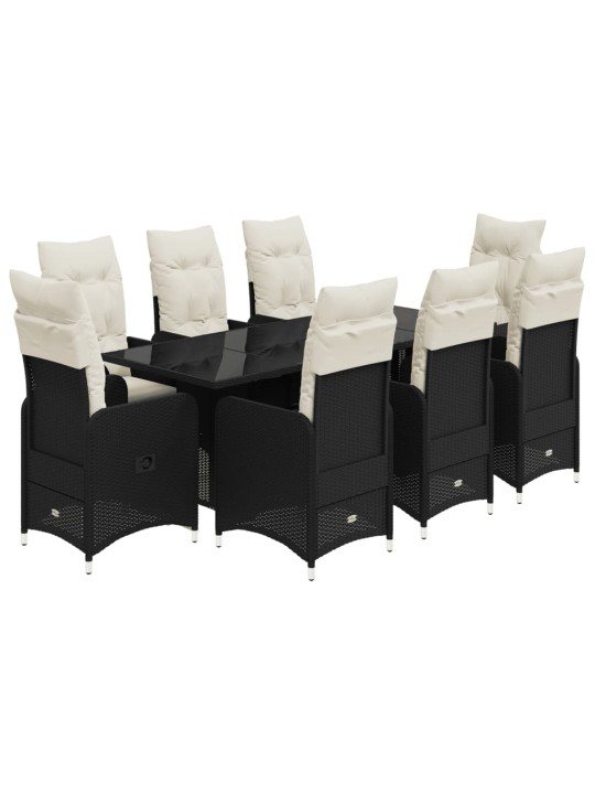 9dílný zahradní bistro set s poduškami černý polyratan