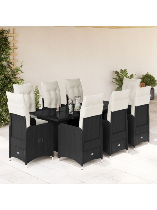 9dílný zahradní bistro set s poduškami černý polyratan