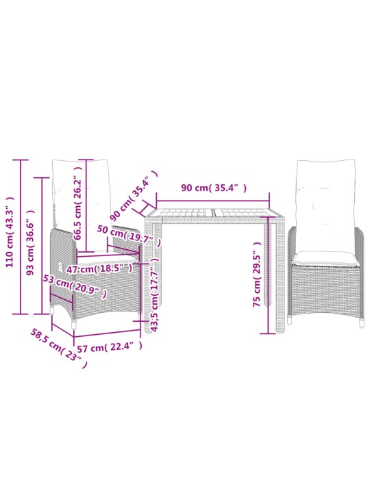 3dílný zahradní bistro set s poduškami šedý polyratan
