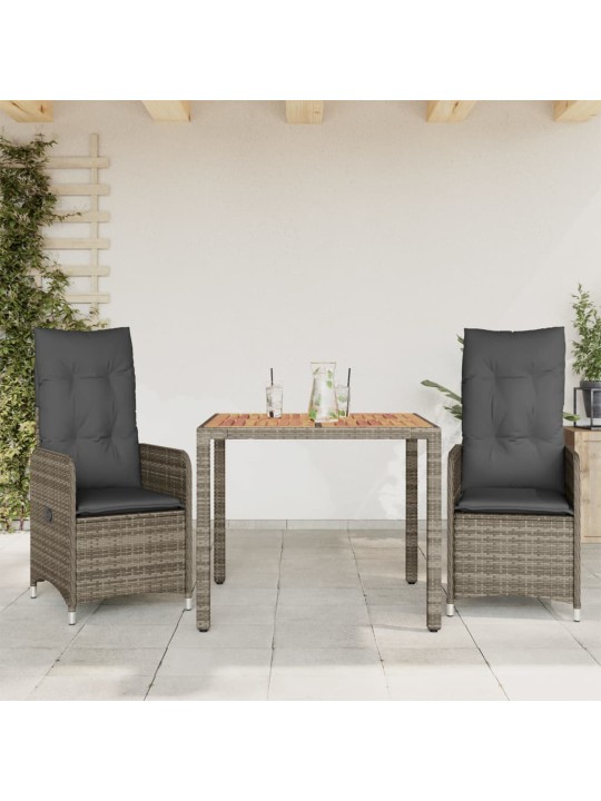 3dílný zahradní bistro set s poduškami šedý polyratan
