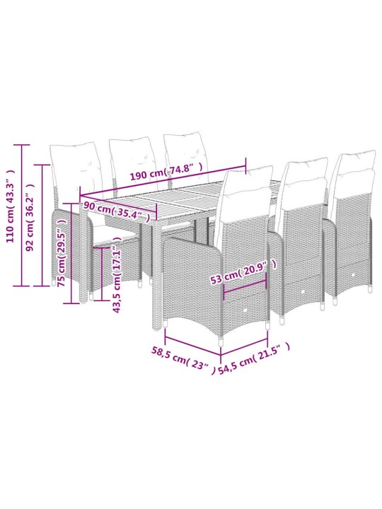 7dílný zahradní bistro set s poduškami šedý polyratan