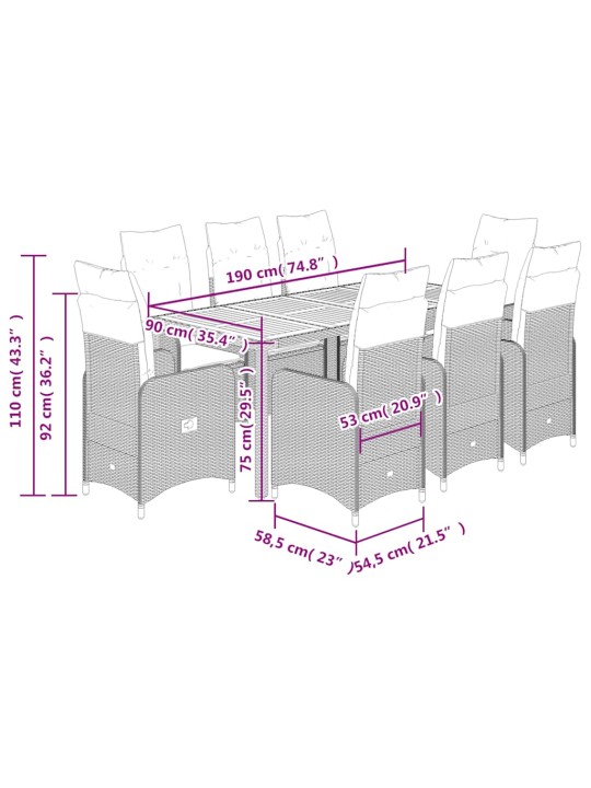 9dílný zahradní bistro set s poduškami šedý polyratan