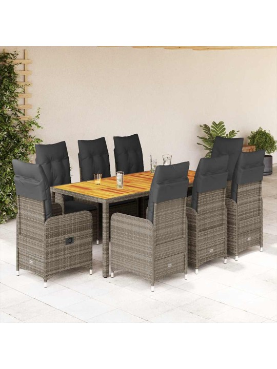 9dílný zahradní bistro set s poduškami šedý polyratan