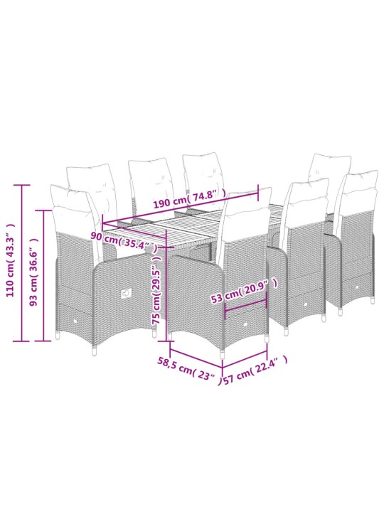 9dílný zahradní bistro set s poduškami šedý polyratan