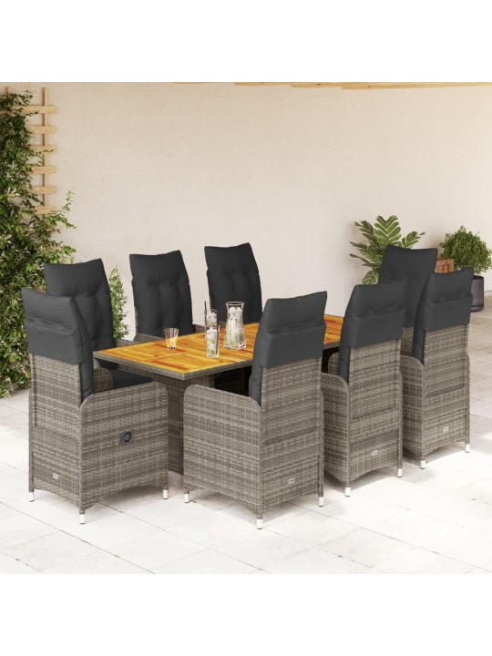 9dílný zahradní bistro set s poduškami šedý polyratan