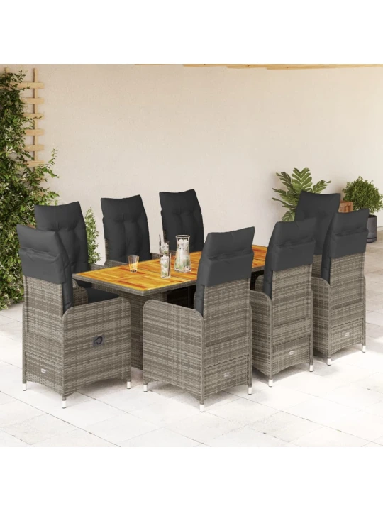 9dílný zahradní bistro set s poduškami šedý polyratan