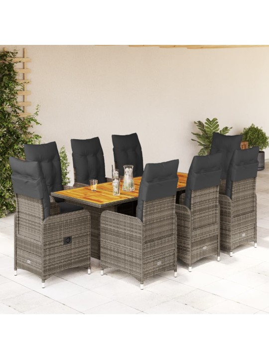 9dílný zahradní bistro set s poduškami šedý polyratan
