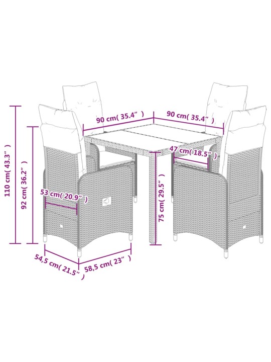 5dílný zahradní bistro set s poduškami šedý polyratan