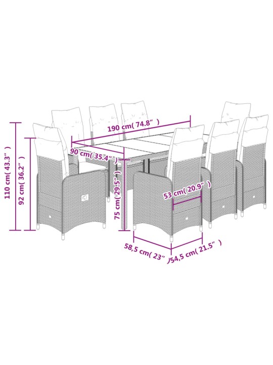 9dílný zahradní bistro set s poduškami šedý polyratan
