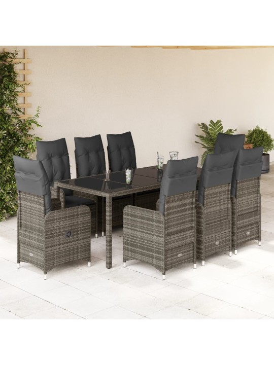 9dílný zahradní bistro set s poduškami šedý polyratan