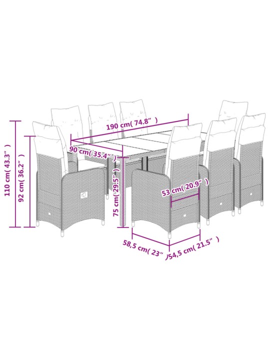 9dílný zahradní bistro set s poduškami šedý polyratan