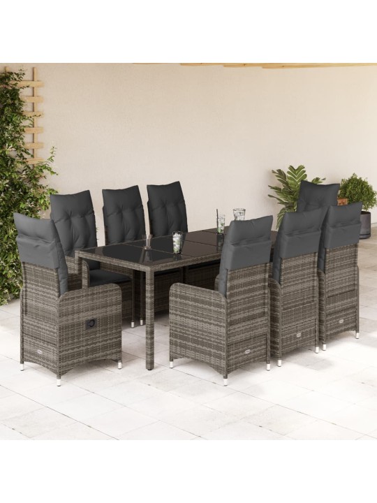 9dílný zahradní bistro set s poduškami šedý polyratan