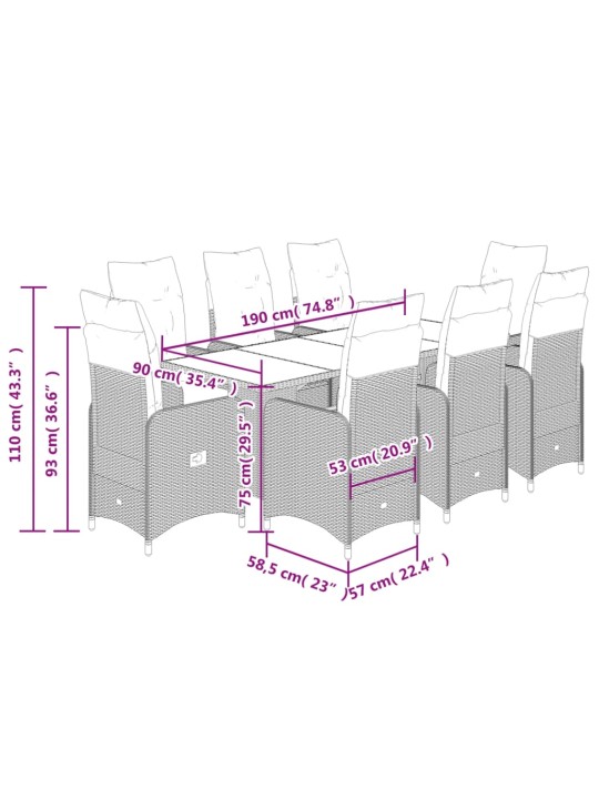 9dílný zahradní bistro set s poduškami šedý polyratan