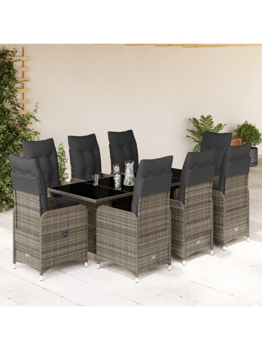 9dílný zahradní bistro set s poduškami šedý polyratan