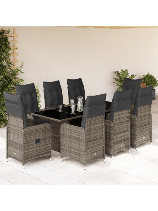 9dílný zahradní bistro set s poduškami šedý polyratan