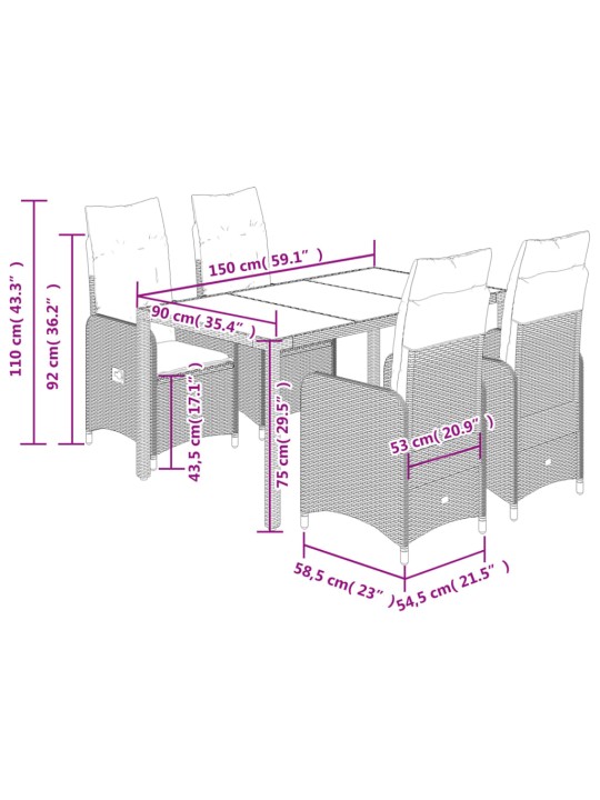 5dílný zahradní bistro set s poduškami hnědý polyratan