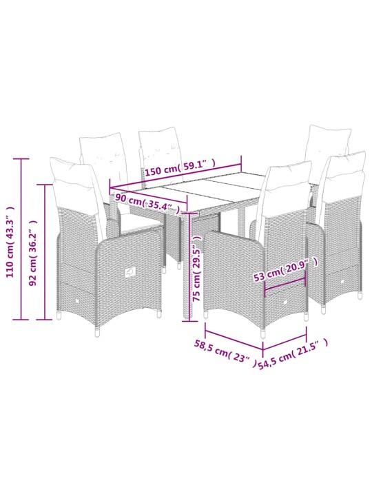 7dílný zahradní bistro set s poduškami hnědý polyratan
