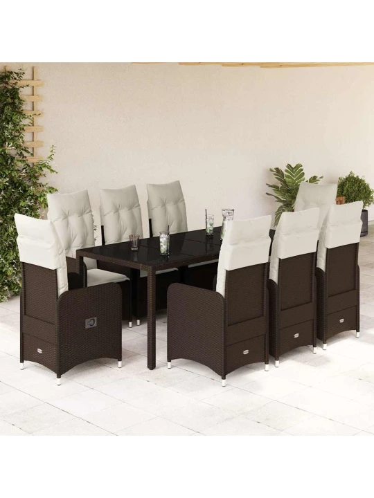 9dílný zahradní bistro set s poduškami hnědý polyratan