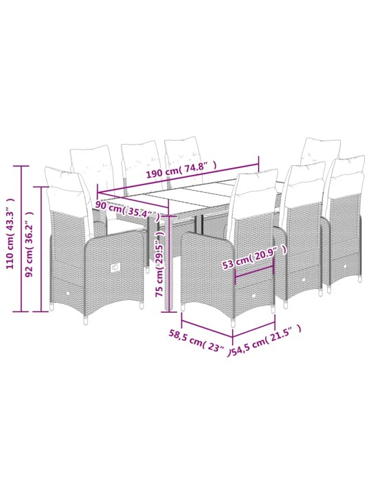 9dílný zahradní bistro set s poduškami hnědý polyratan