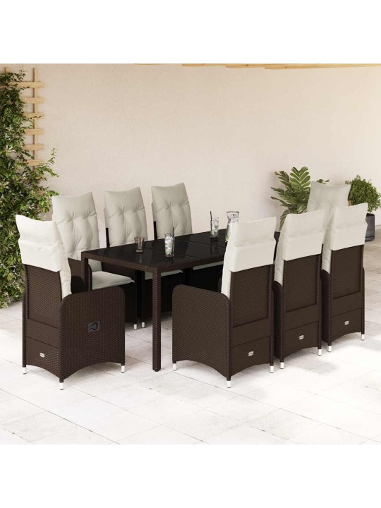 9dílný zahradní bistro set s poduškami hnědý polyratan