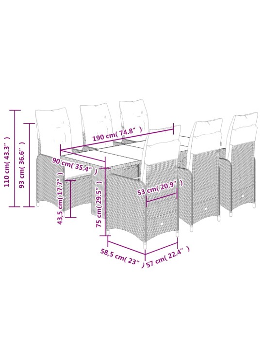 7dílný zahradní bistro set s poduškami hnědý polyratan