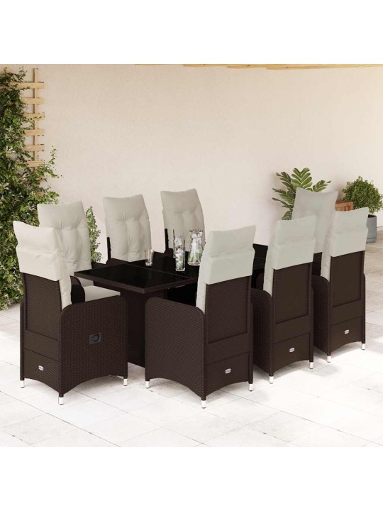 9dílný zahradní bistro set s poduškami hnědý polyratan