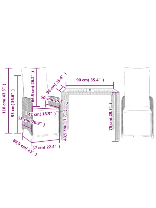 3dílný zahradní bistro set s poduškami černý polyratan
