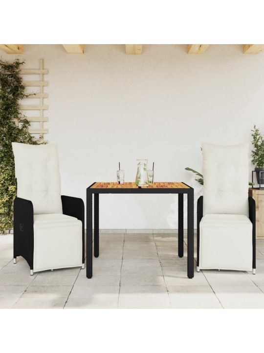 3dílný zahradní bistro set s poduškami černý polyratan