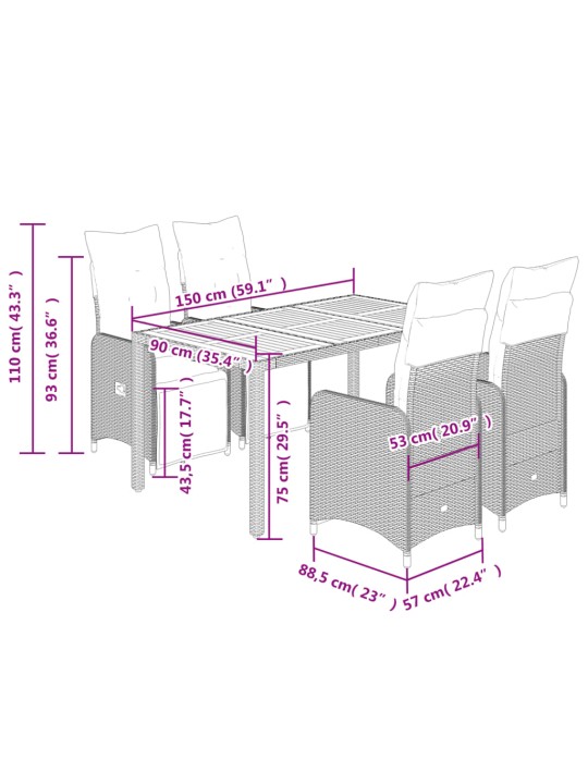 5dílný zahradní bistro set s poduškami černý polyratan