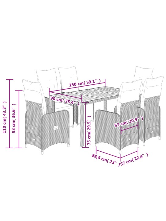7dílný zahradní bistro set s poduškami černý polyratan