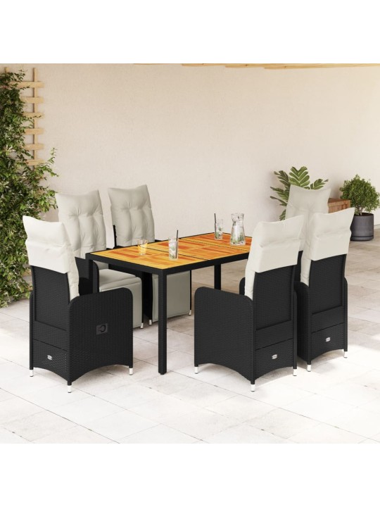 7dílný zahradní bistro set s poduškami černý polyratan