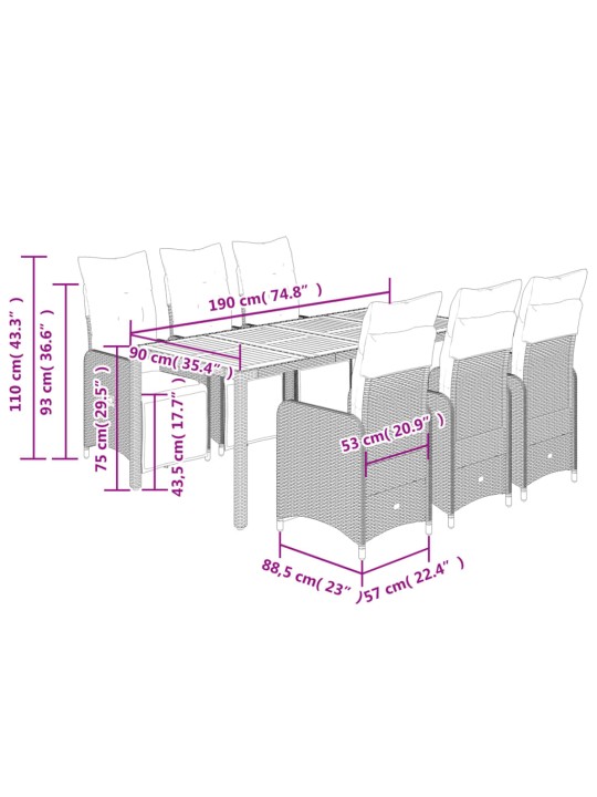 7dílný zahradní bistro set s poduškami černý polyratan