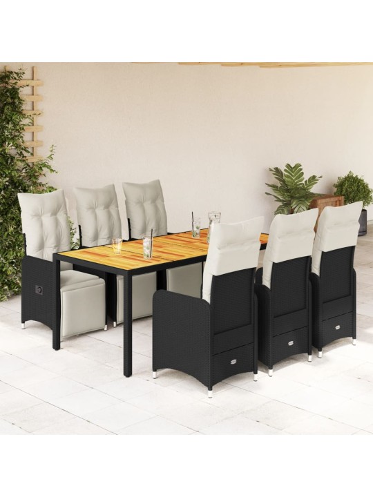 7dílný zahradní bistro set s poduškami černý polyratan