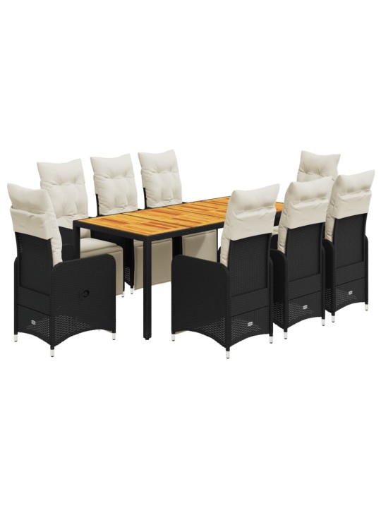 9dílný zahradní bistro set s poduškami černý polyratan