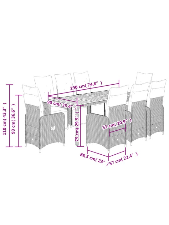 9dílný zahradní bistro set s poduškami černý polyratan
