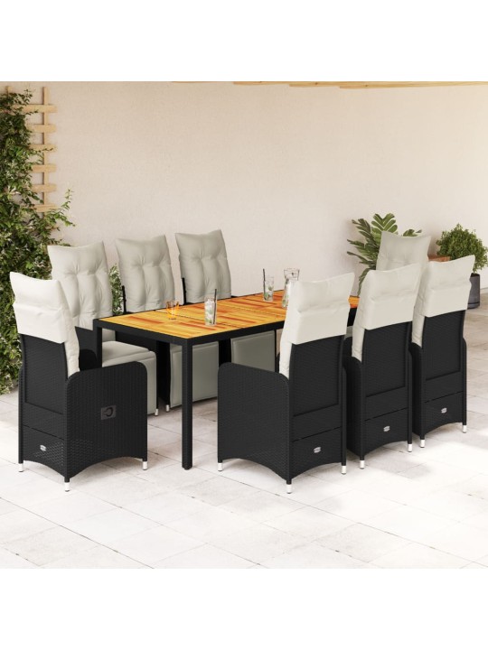 9dílný zahradní bistro set s poduškami černý polyratan