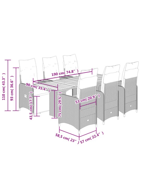 7dílný zahradní bistro set s poduškami černý polyratan